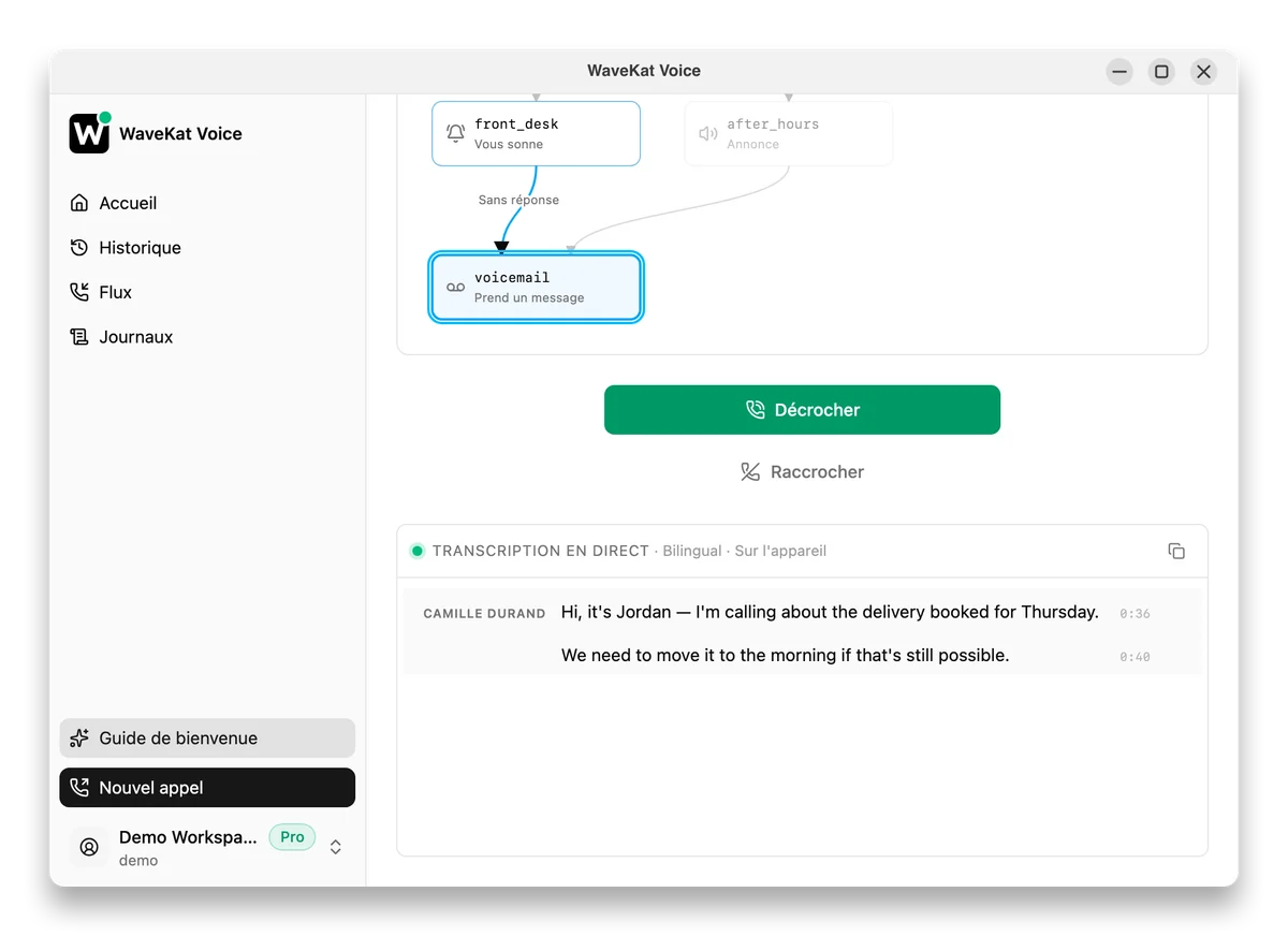 WaveKat Voice sous Ubuntu — le plan en direct avec l'étape de messagerie allumée, un bouton « Décrocher », et le message de l'appelant qui s'affiche en transcription en direct.