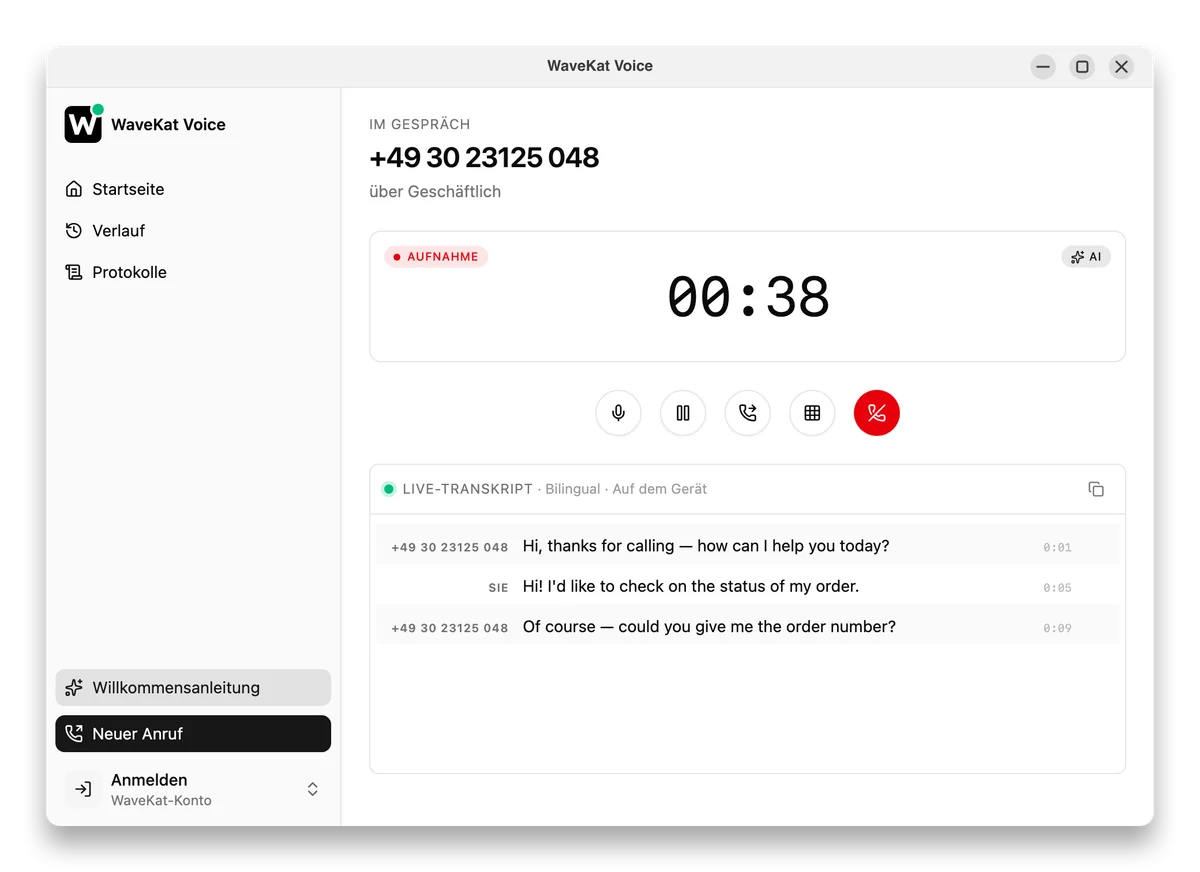 WaveKat Voice während eines Anrufs, mit in Echtzeit mitgeschriebenem Transkript